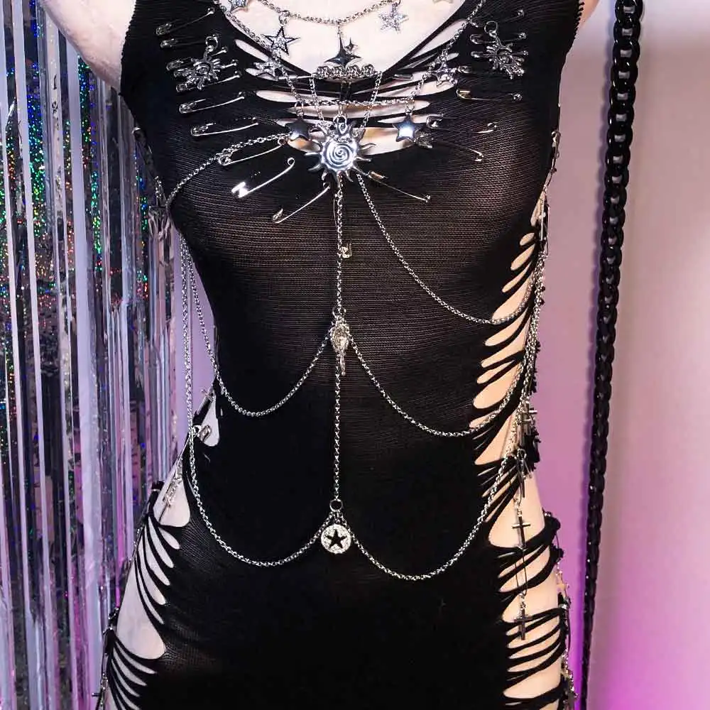 90s Hand Made Goth Harajuku Kawaii Teen Punk Rock Y2K TOPS E-Girls Emo Rave Outfits Skull Chain Gothic Dress Eco Pin DIY Grunge