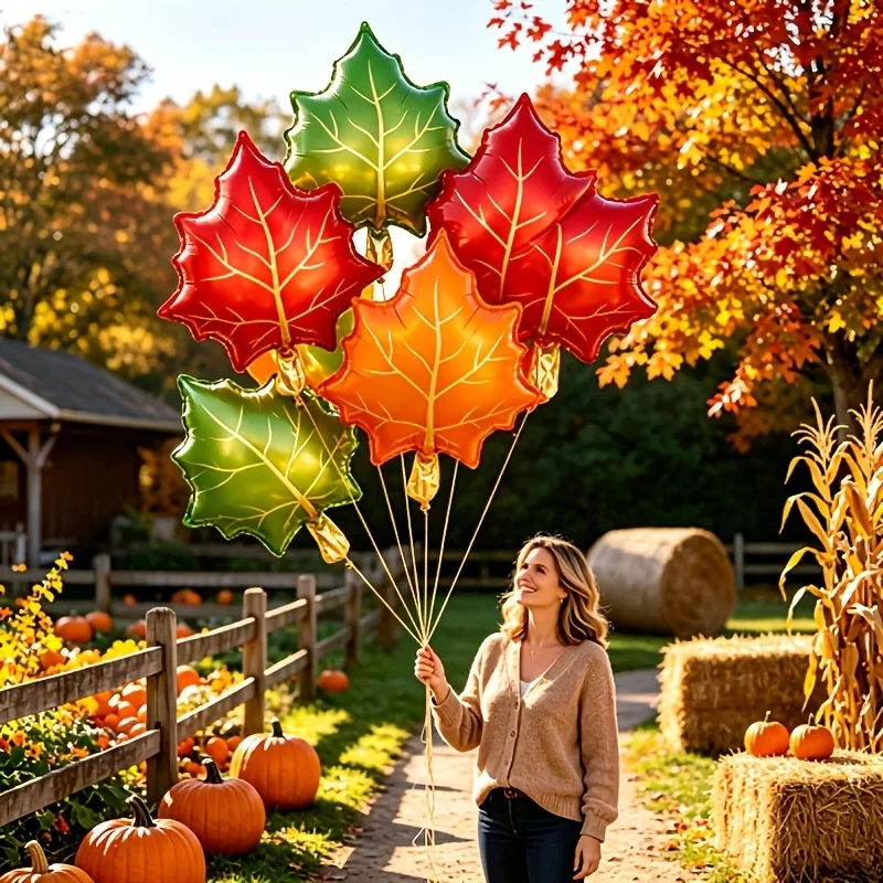 7Pcs Autumn Maple Leaf Foil Balloons Red Orange Green Fall Leaf Balloon Thanksgiving Harvest Festival Home Party Decor Supplies
