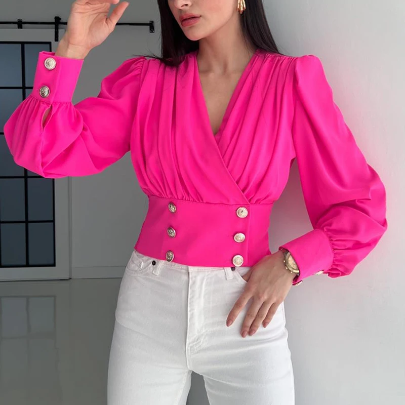 Casual Deep V Neck Solid Shirt Blouse Office Lady Fashion Elegant Long Sleeve Waist button Blouses For Women 2023 White Tops