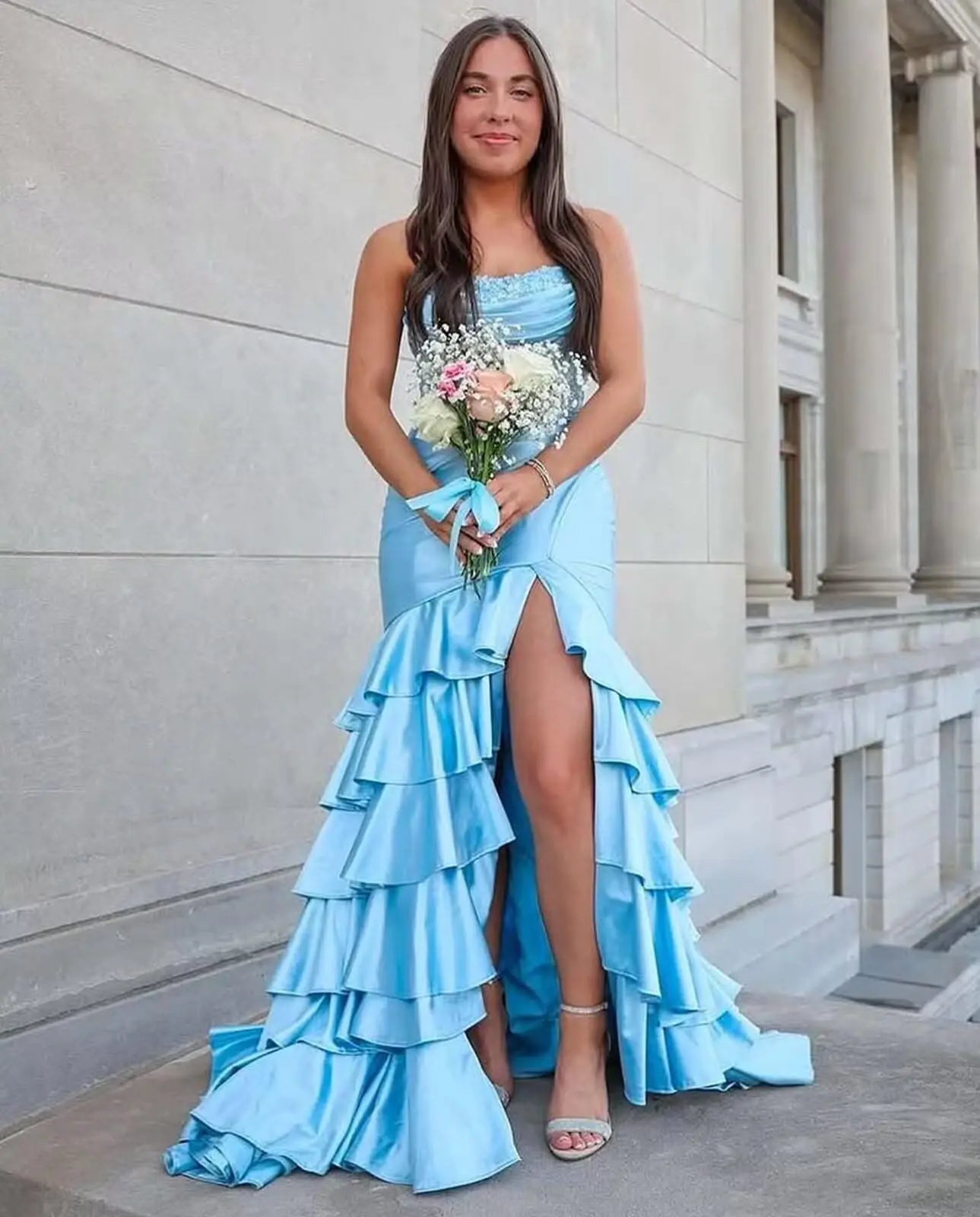 Suknia wieczorowa syrena z satyny, długa, bez ramiączek, warstwowa, z falbanami, formalna, z rozcięciem, marszczona, z gorsetem, sukienka na przyjęcie.