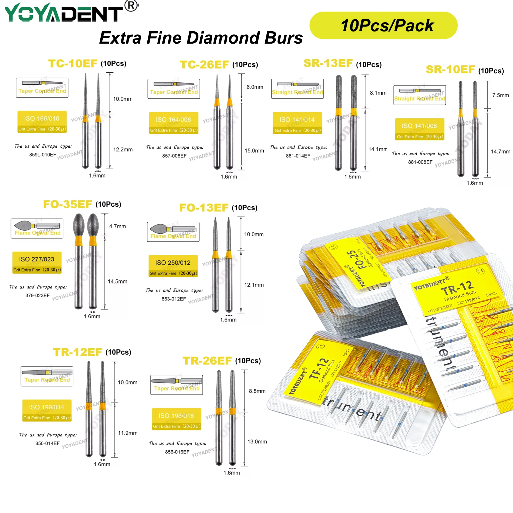 Extra Fine Dental Diamond Burs Dentistry Drills FG High Speed Turbines Bur Dental Lab Polishing Tools Dia.1.6mm 10pcs/Pack