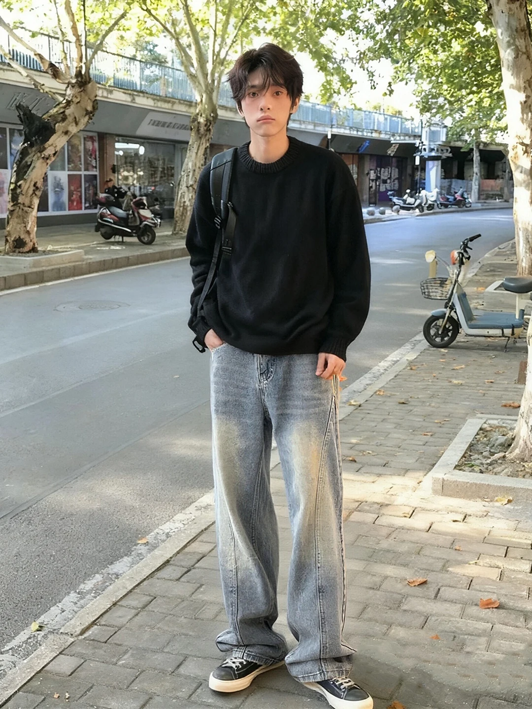 

Retro Blue Knife Denim Jeans Men's Autumn Winter American Vibe Fce Lined Loose Wide Leg Straight Cut Trousers