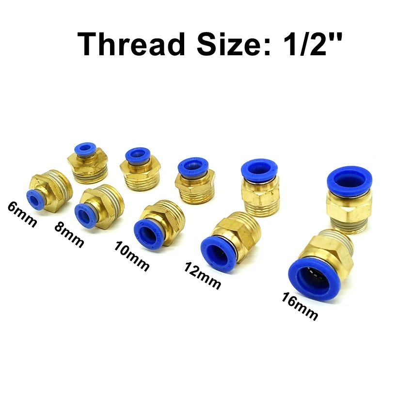 5pcs Pneumatic fittings 1/2'' Thread 6mm 8mm Tube OD. PC6-4 PC8-4 PC10-4 PC12-4 PC16-4 Male Straight Connector
