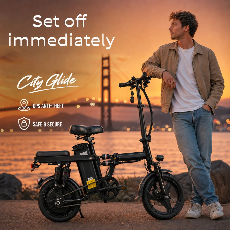 Foldable electric bicycle for adults, equipped with 14-inch tires, featuring 8 shock absorbers, a 500W motor power, a 48V 15Ah c image 6