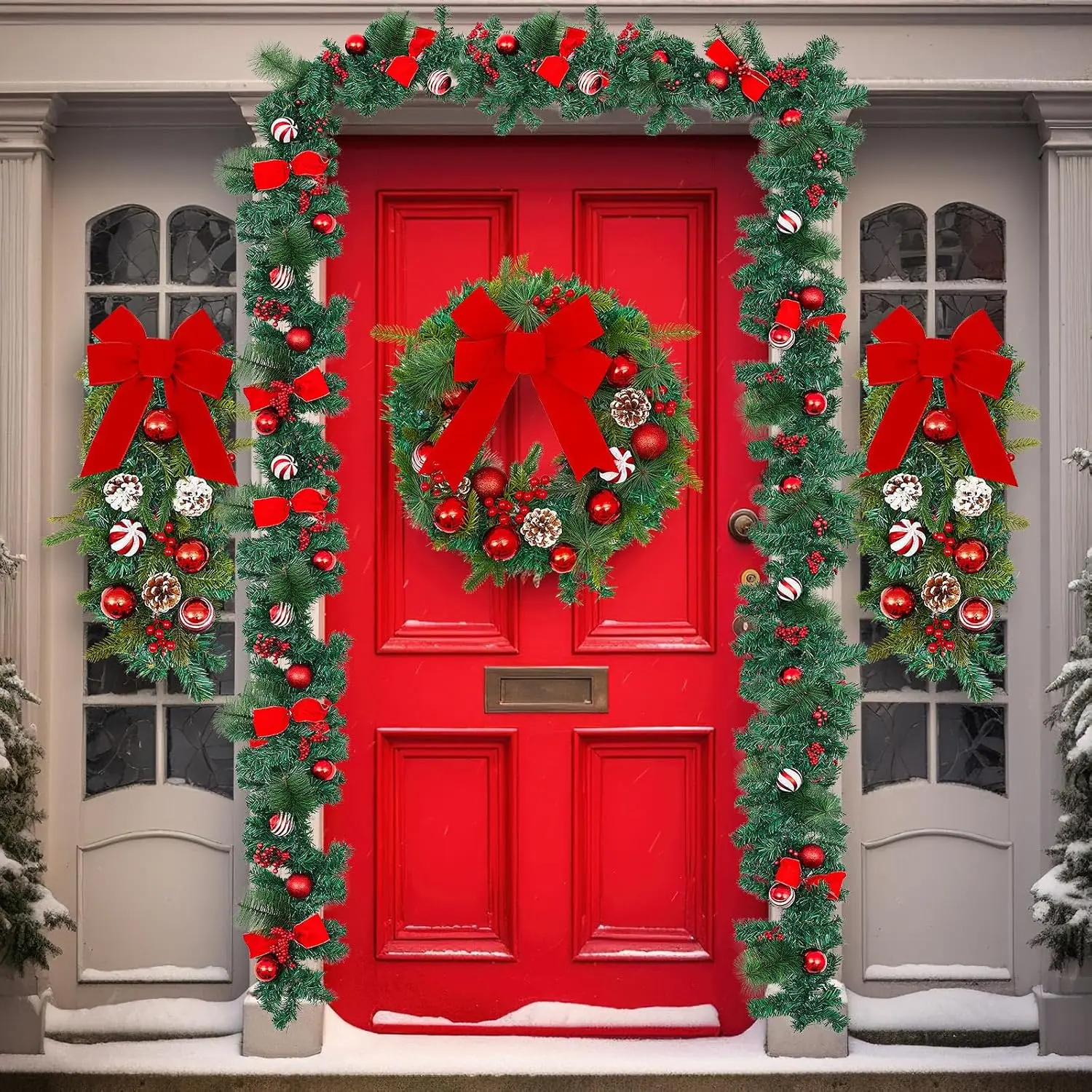 4 Pcs Artificial Christmas Wreath and Garland Set Include 20 Xmas Pine Needles Wreath with Red Bow 2 Christmas Teardrop Swag 9ft