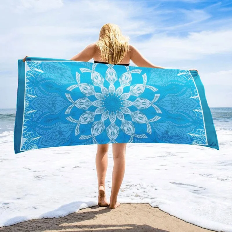 Newest Beach Towel Blue Symmetric Mandala Floral Pattern Beach Towel Bohemian Oversized Quick Dry Travel Towel