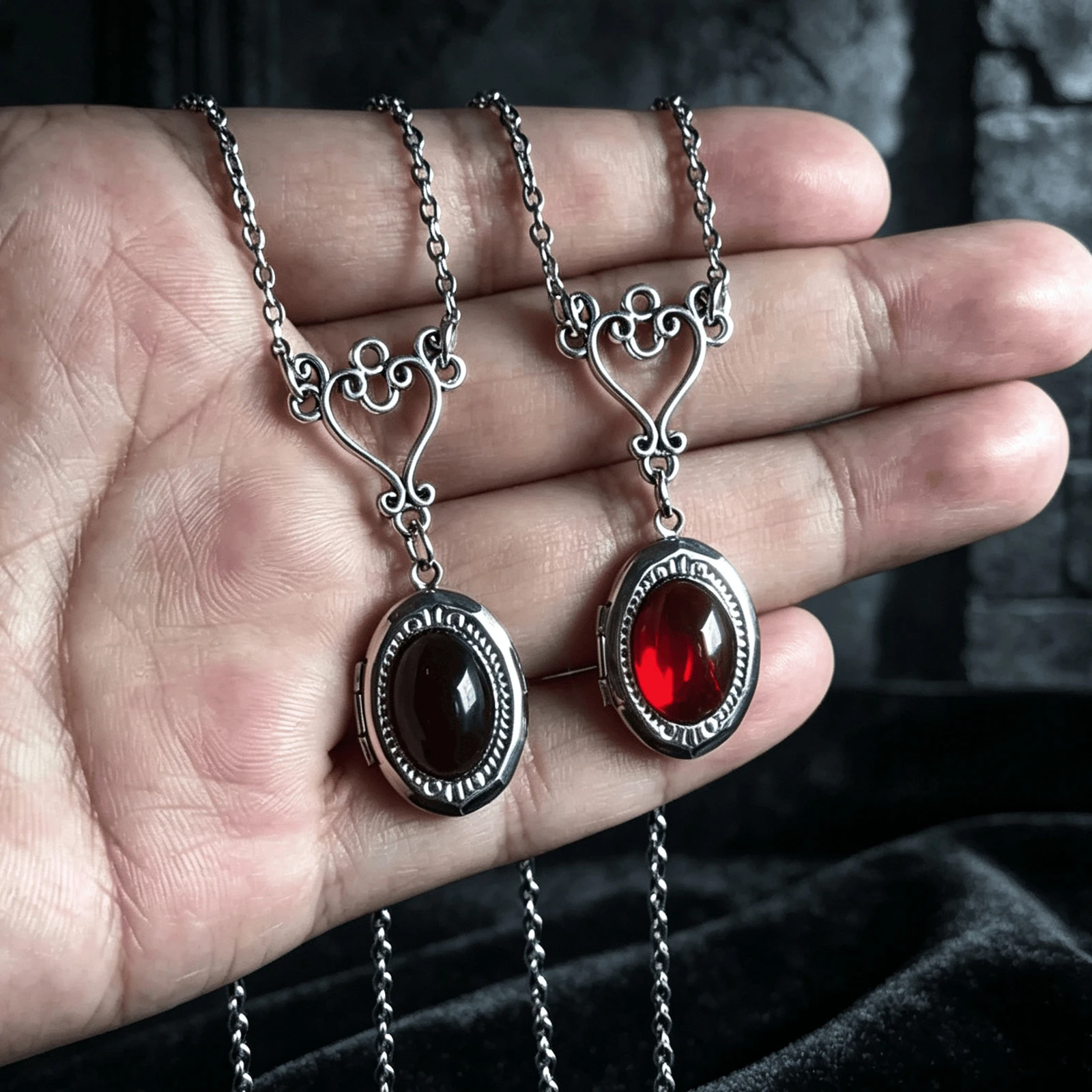 Gothic Vintage Red Geometry Oval Locket Photo Pendant Silver Color Stainless Steel Chain Necklace For Women Men Charm Jewelry