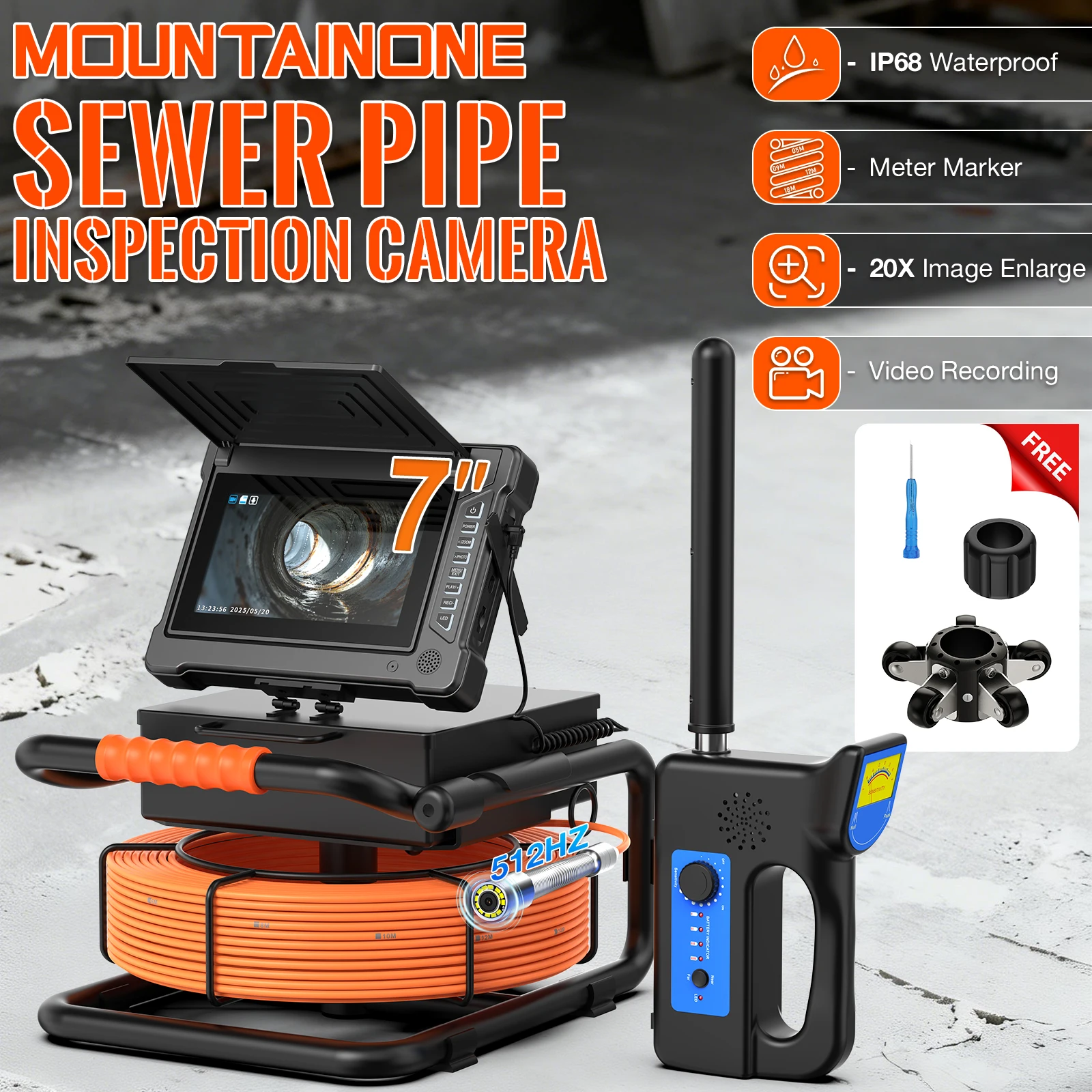 7''Sewer Camera 512HZ Self-Leveling With Locator 18/23MM Waterproof Endoscope Camera DVR Meter Marker 5MM Cable 20X ImageEnlarge