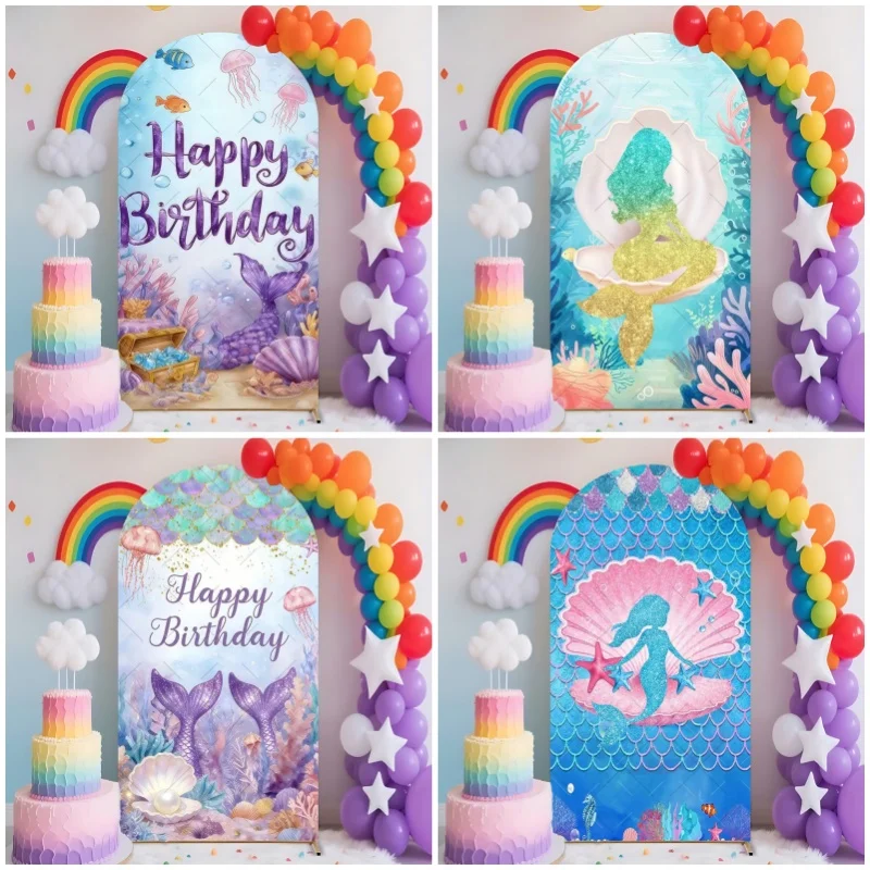 

Mermaid Tail Arch Cover Baby Birthday Backdrop SeaShell Jellyfish Treasure Photo Photography Background Party Decoration Props