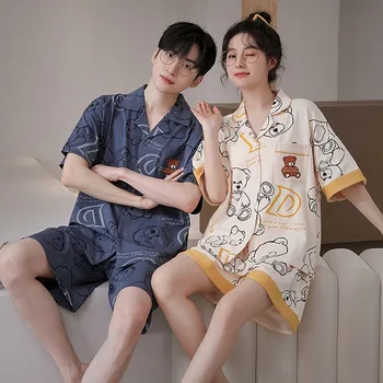 커플용 귀여운 만화 곰 잠옷, 코튼 카디건, 홈웨어, 남녀 매칭, pjs 라운지웨어, 피즈마 옴브레, 드롭쉽