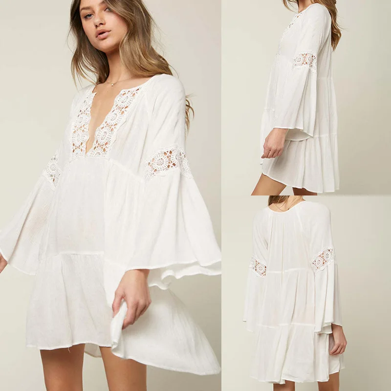 Casual Vacation Bikini Swimsuit Cover-up Dresses For women Boho Beach Flare Sleeve Lace Robe Deep V Neck Summer Dress Vestidos