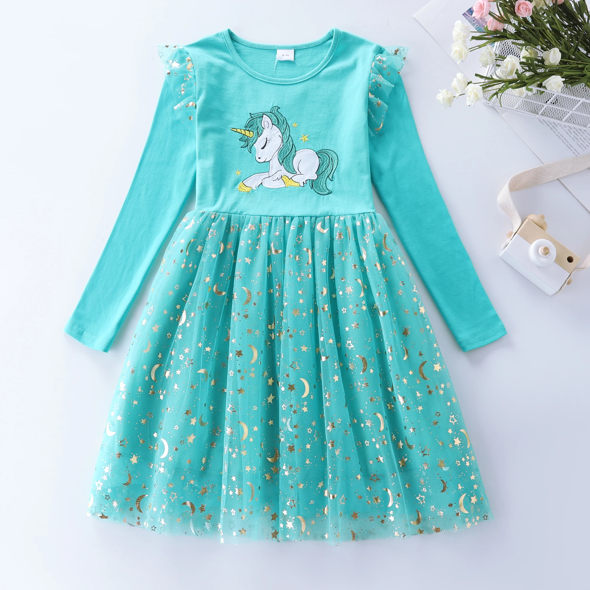 Girls' Autumn New Cotton Embroidered Cartoon Unicorn Mesh Dress