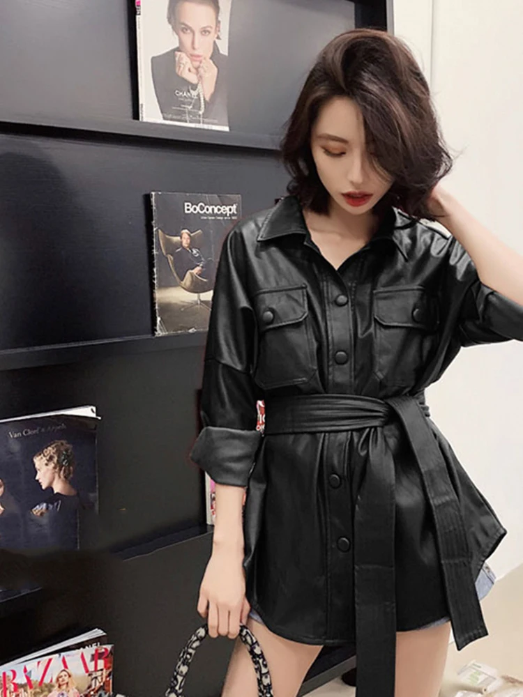 Spring Casual Vintage Mid-length Faux PU Leather Jacket With Belt Wine Red Black  Lapel Single-breasted Long Sleeve Female Coat
