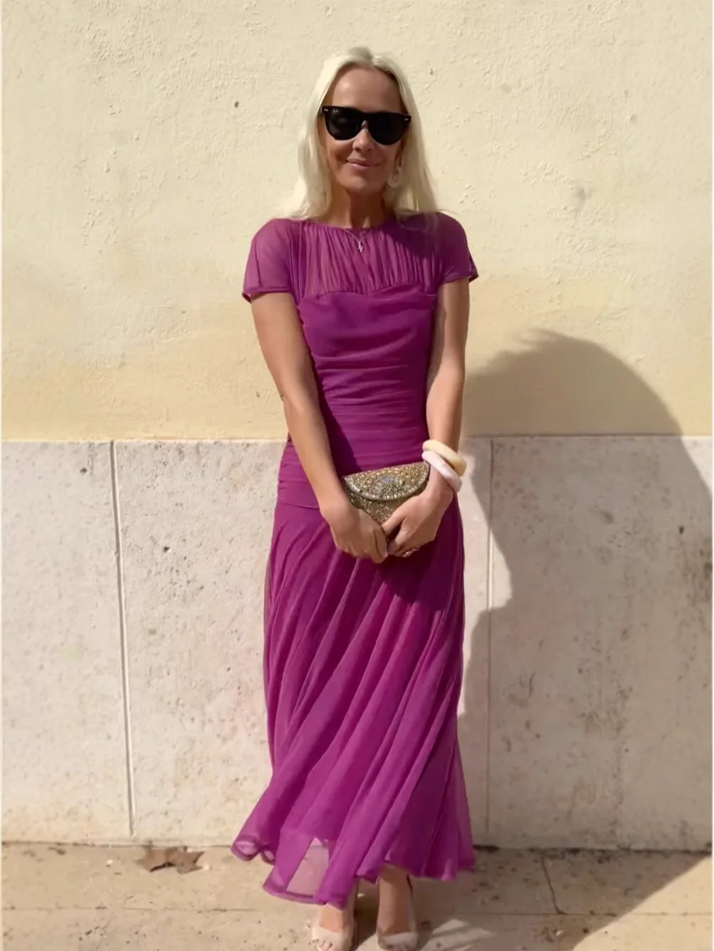 Sexy Mesh See Through Dress Women Bodycon Ruched Tummy Control Hip Wrap Short Sleeve Round Neck Maxi Party Date Night Slim Fit
