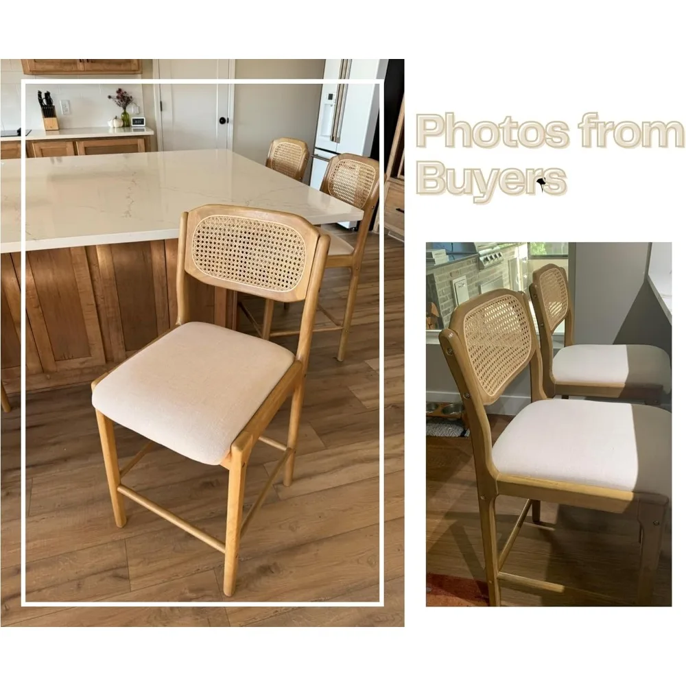 Rattan Counter Height Bar Stools Set of 2 Farmhouse Barstools with Cane Back Comfortable Linen Upholstered Bar Chairs Mid Centu