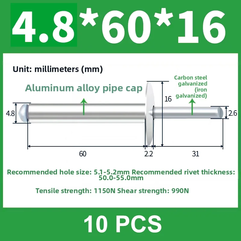 10pcs  6.0mm 6.4mm 8.0mm extra long large flange head aluminum blind rivet