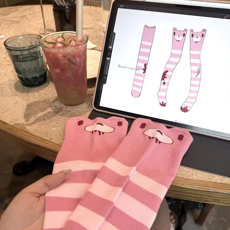 Gloomying Bear Long Socks Cartoon Gothic Pink Blood Violent Bear Knee Socks for Girls Women Black Strip Long Thigh High Socks