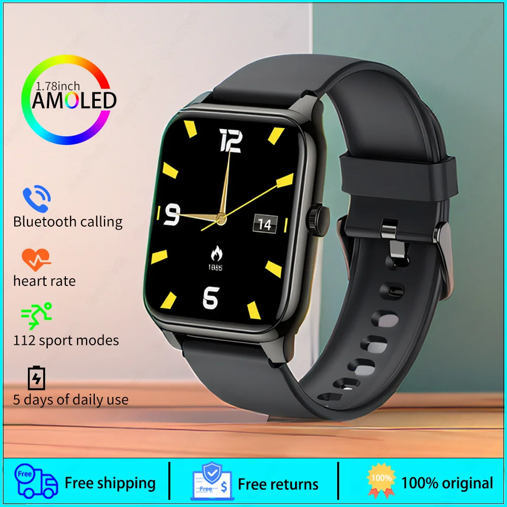 

AMOLED Smartwatch 2023 Men Women Smart Watch Bluetooth Calling 112 Sports Modes Fashion Business Clock for IOS Android Phone