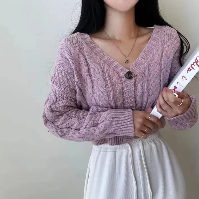 

Женский корейский шикарный кардиган, свитер, повседневный универсальный милый свободный короткий вязаный джемпер, женский осенне-зимний новый витой однотонный топ