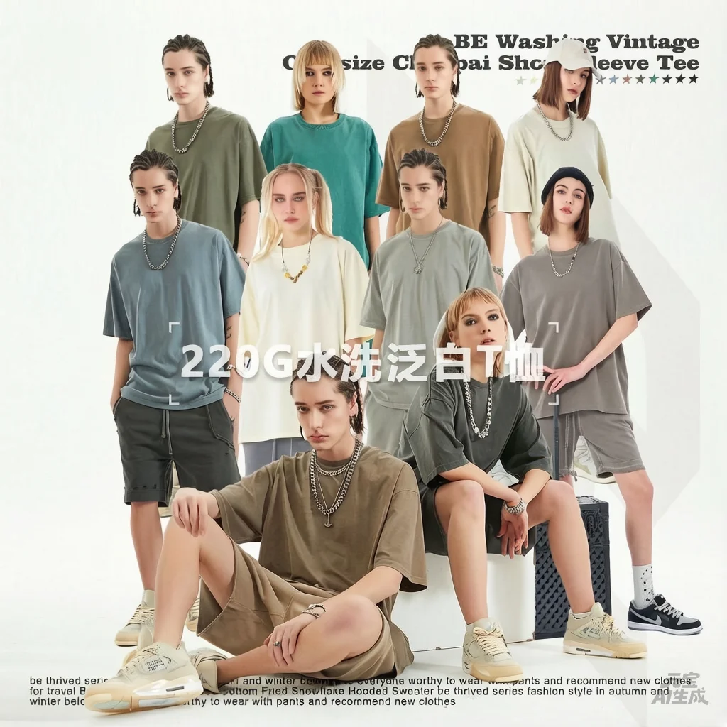 shirt 220G Cotton Washed Faded Vintage Solid Color Casual Drop Shoulder Short Sleeve Tee