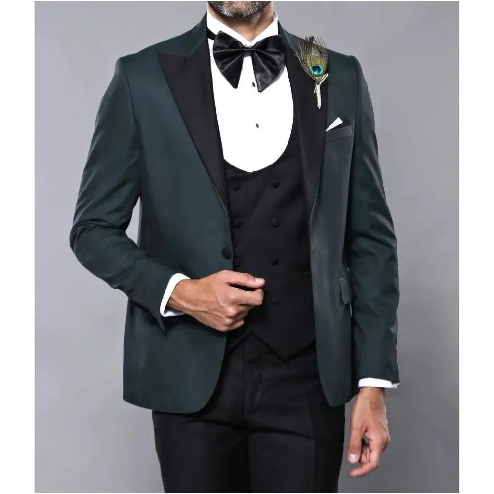 

Green Men Suits Black Double Breasted Vest Formal Wedding Tuxedo Custom Groom 3 Pcs Male Fashion Clothing Jacket+Pants+Vest