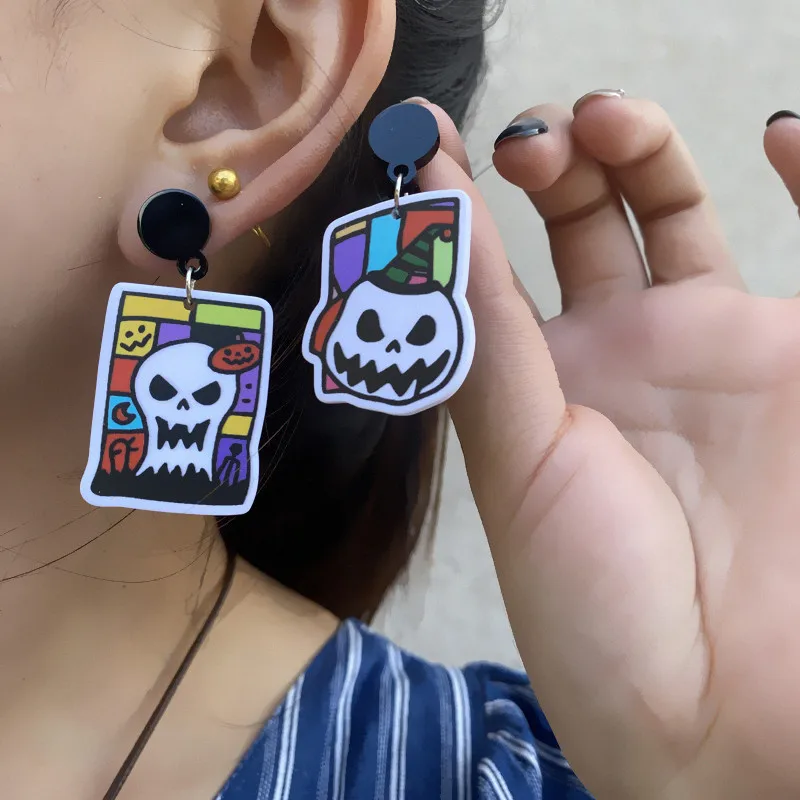 

New Halloween Series Earrings Acrylic Double sided Printed Funny Skull Pumpkin Cartoon Creative Earrings