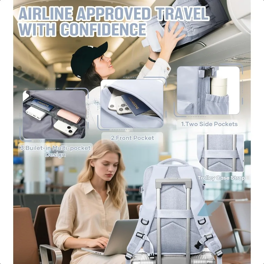 Mochila de viagem a vácuo com bomba para mulheres Item pessoal Carry on Vacpack Mochilas Flight Appd 18x14x8 polegadas para homens laptop W