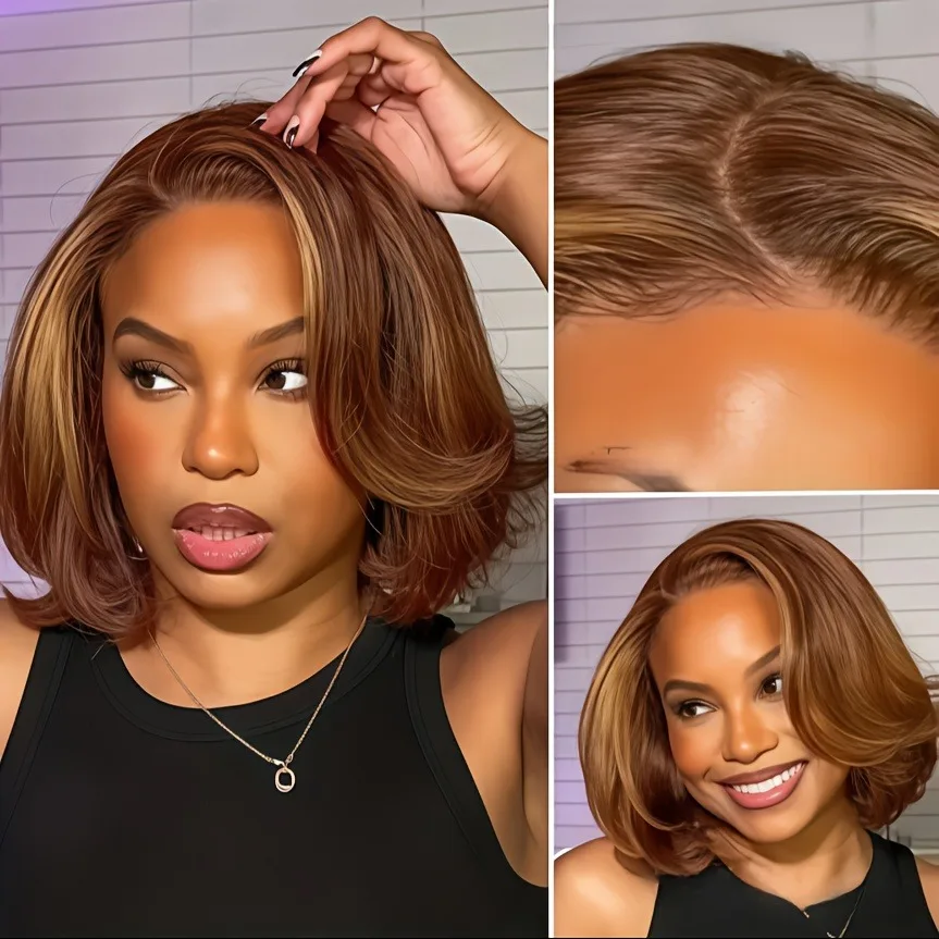 Straight Ombre Lace Front Wig Human Hair 18inch 4/27 Highlight Wig Human Hair Pre-plucked, 13x4 Straight Honey Blonde Mix Brown image 4