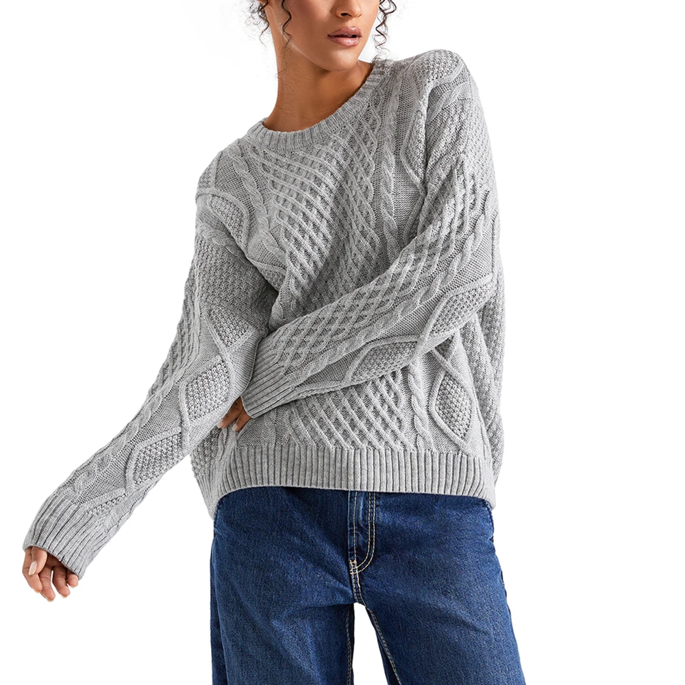 Women's Oversized Cable Knit Crewneck Sweaters Vintage Long Sleeve Women Heavy Crewneck Pullover Warm Soft Tops  Sweater Women