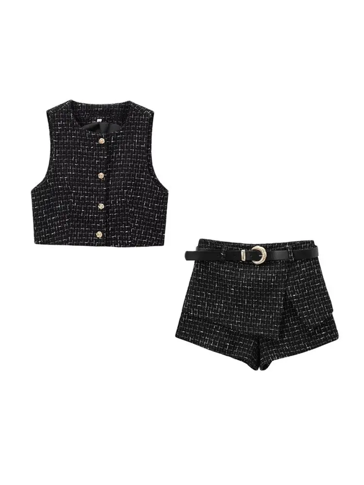

BWQ Женская мода с золотыми пуговицами, твидовый жилет и высокая талия с поясом, шорты, юбки, женские комплекты из двух предметов Mujer 2025