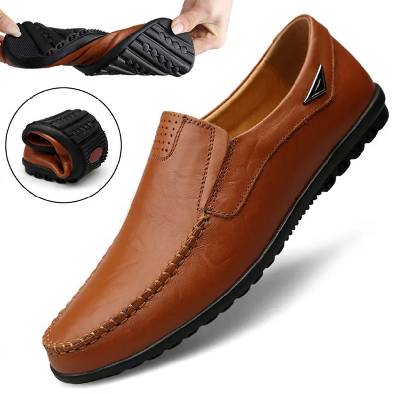 

New Genuine Leather Men's Casual Shoes Luxury Brand Men's Loafers round Toe Fashionable Spring Autumn Seasonal Rabbit Fur Lined
