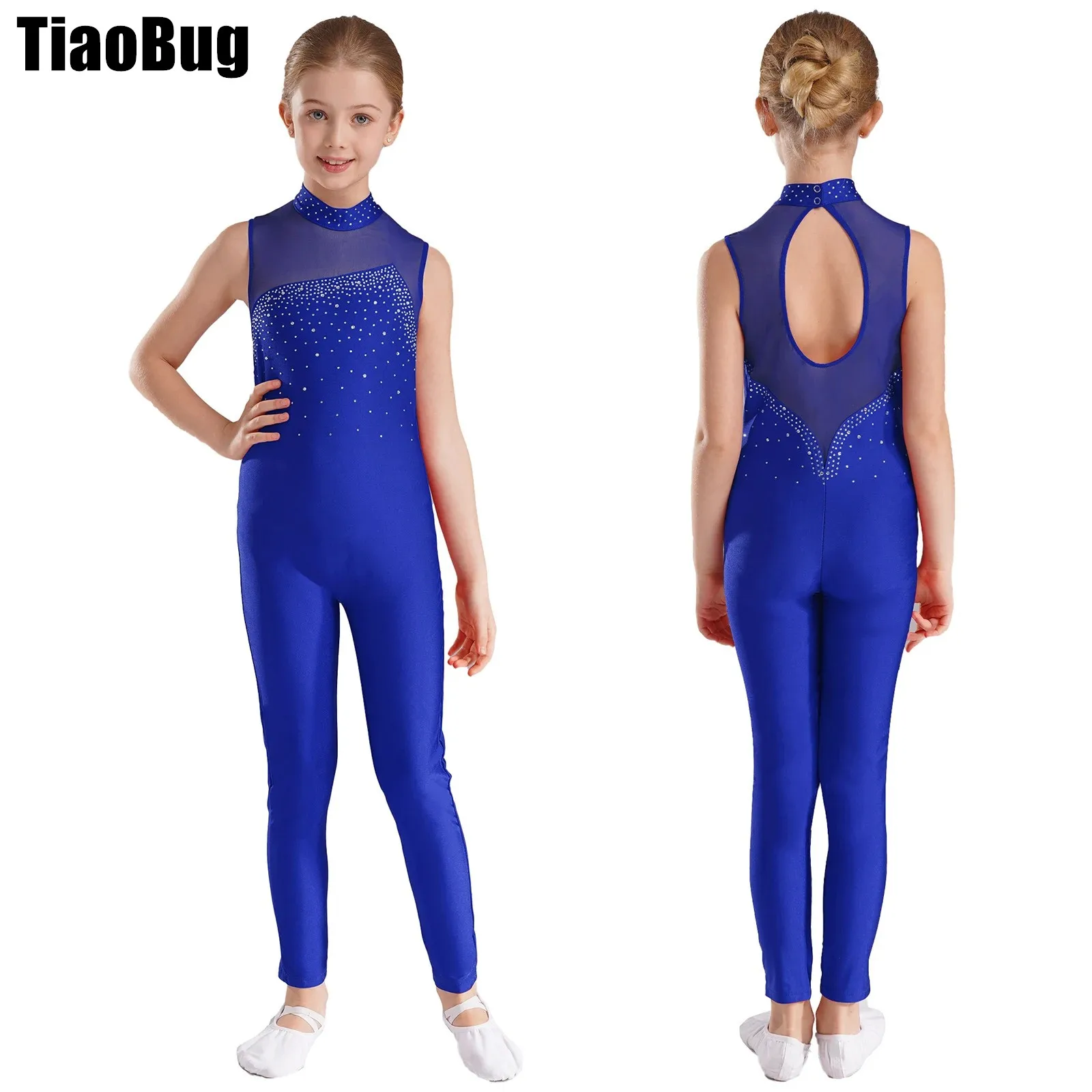 

Kids Girls Patchwork Dance Unitard Rhinestone Round Neckline Dance Gymnastic Figure Ice Skating Jumpsuit