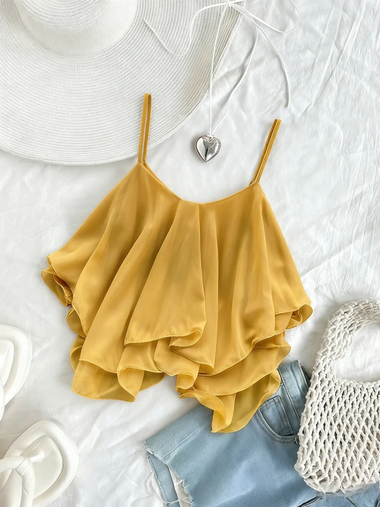 Women's Casual Daily Chiffon Crop Top Summer Lightweight Spaghetti Strap Ruffled Flowy Short Cami Party Sleeveless Blouse view 5