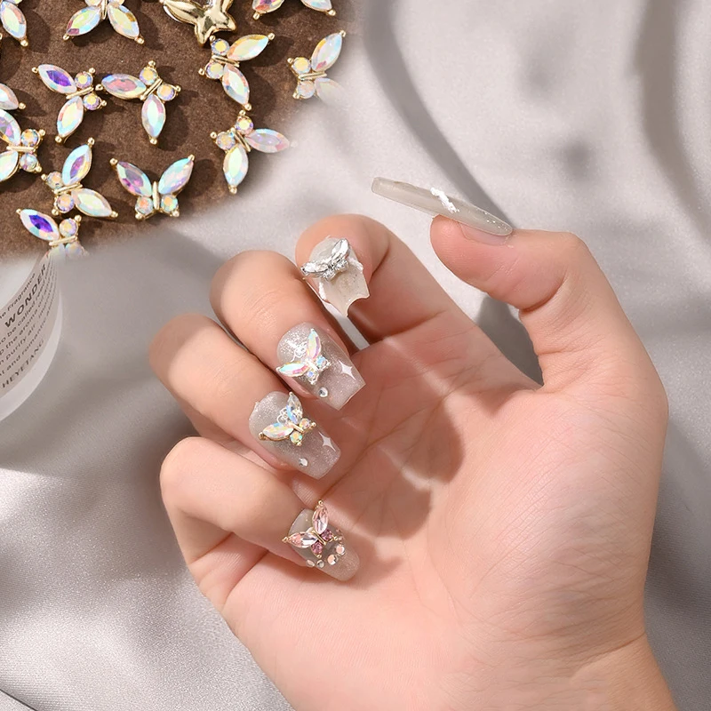 5Pcs Simulated Alloy Butterfly Nail Art Decorations Luxury Light Glass Diamond Inlaid Charms DIY Accessories
