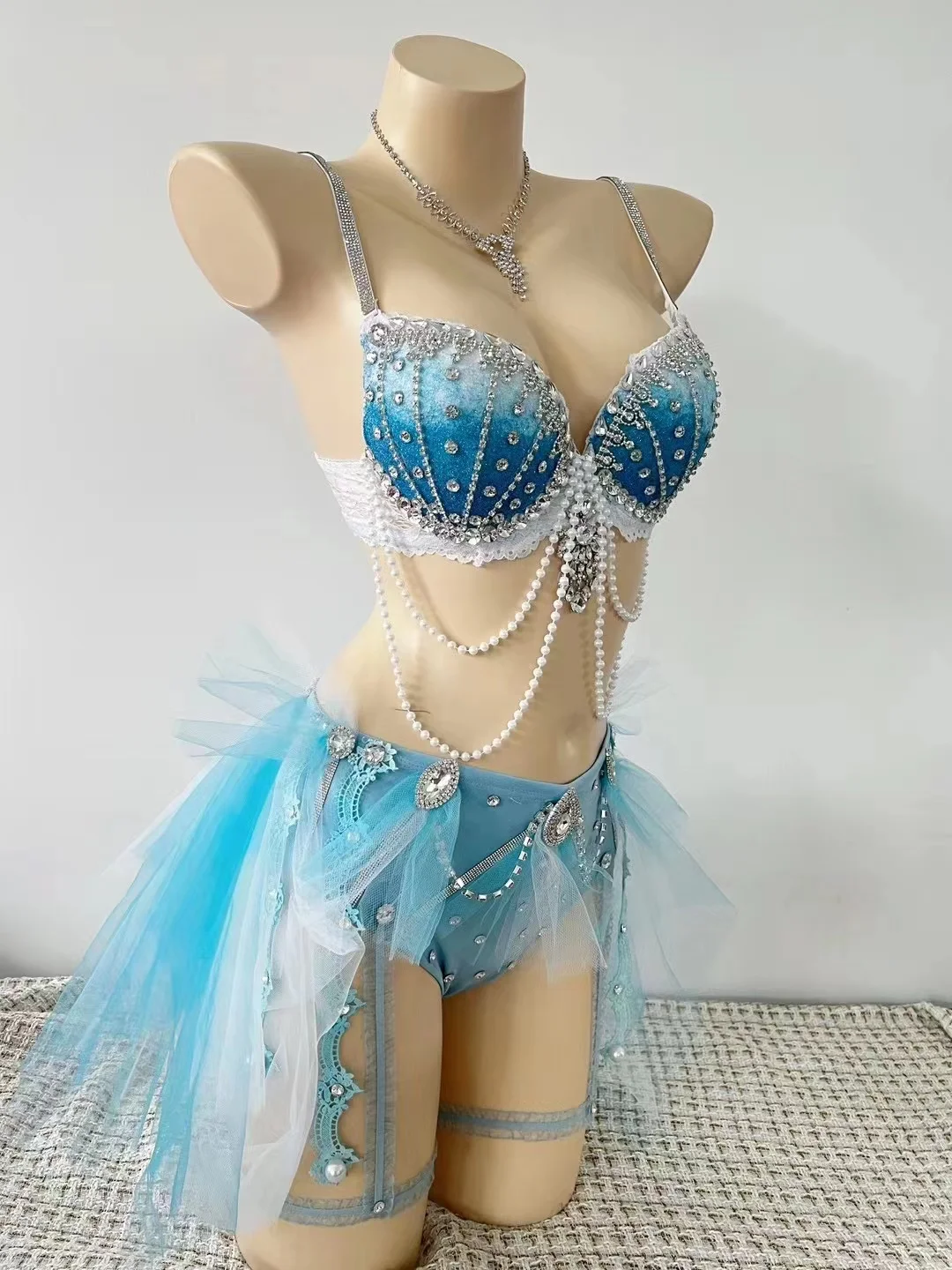 Sky Blue New Sparkling Pearl Tassel Bikini Set Nightclub Bar Female Singer Sexy Stage Dance Outfit Prom Club Birthday Party Wear