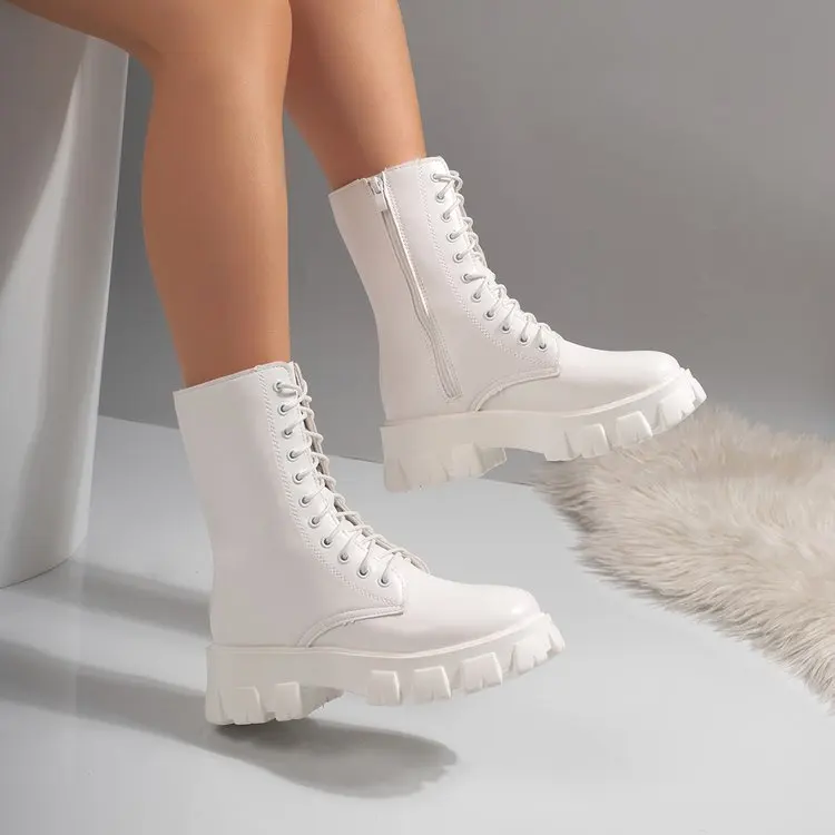 Weiße Plateau-Kampfstiefel für Damen mit Schnürung und seitlichem Reißverschluss, modische Stiefel in mittlerer Wadenhöhe – Detail 3