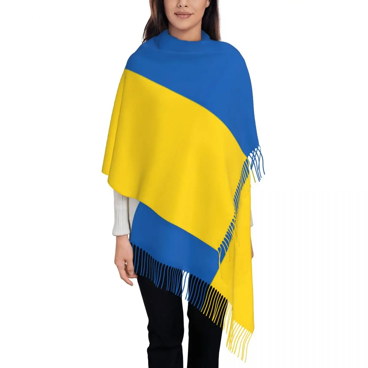 Custom Lady Large Flag Of Ukraine Scarves Women Winter Fall Thick Warm Tassel Shawl Wrap Scarf