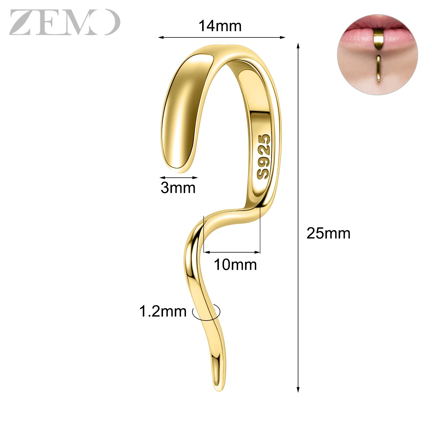 ZEMO 1 PC 16G Curved 925 Sterling Silver Labret Lip Piercing Unisex Feed In Cuff Ethnic Alternative Clip Piercing Body Piercings