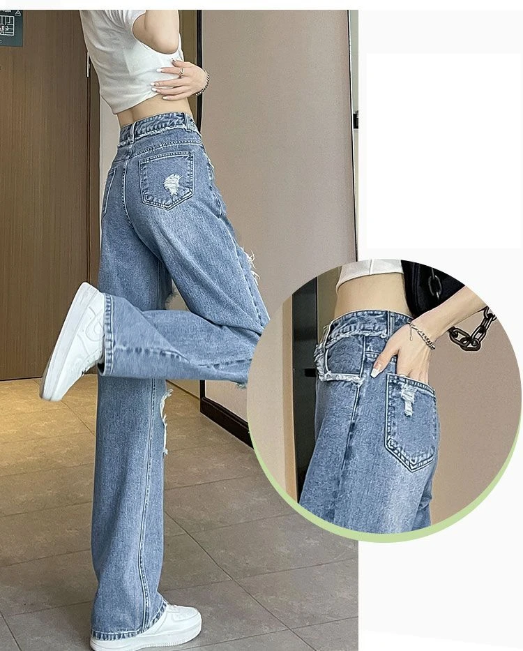 Retro Blue Ripped Jeans for Women 2024 Fashion High Waisted Jeans Holes Straight Vintage Streetwear Pants Wide Leg Jeans A209