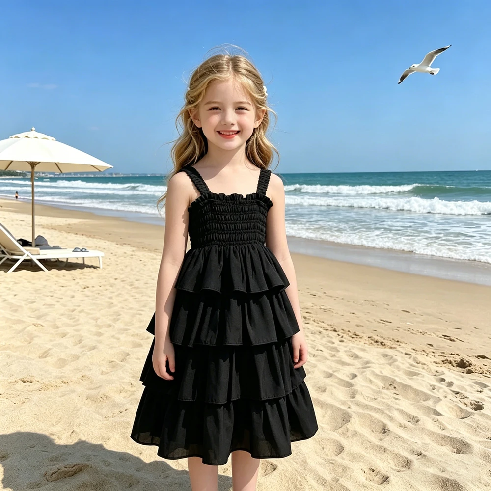 Teen Girls Summer Dresses 2026 New Kid Sleeveless Strap Ruffle Layered Casual Beach Party Dress Children Princess Vestidos 3-12Y