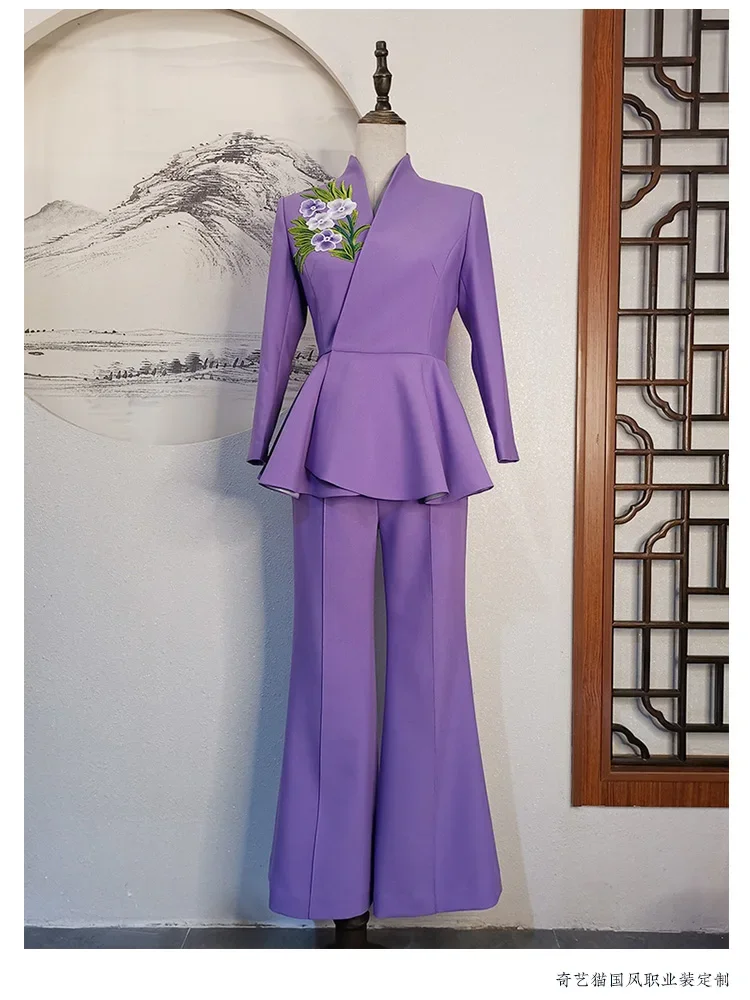 Women's High End Pants Suit Blazers Embroidery Elegant Formal Suits 2 Pieces Women's Sets Purple color Can be customized Clothes