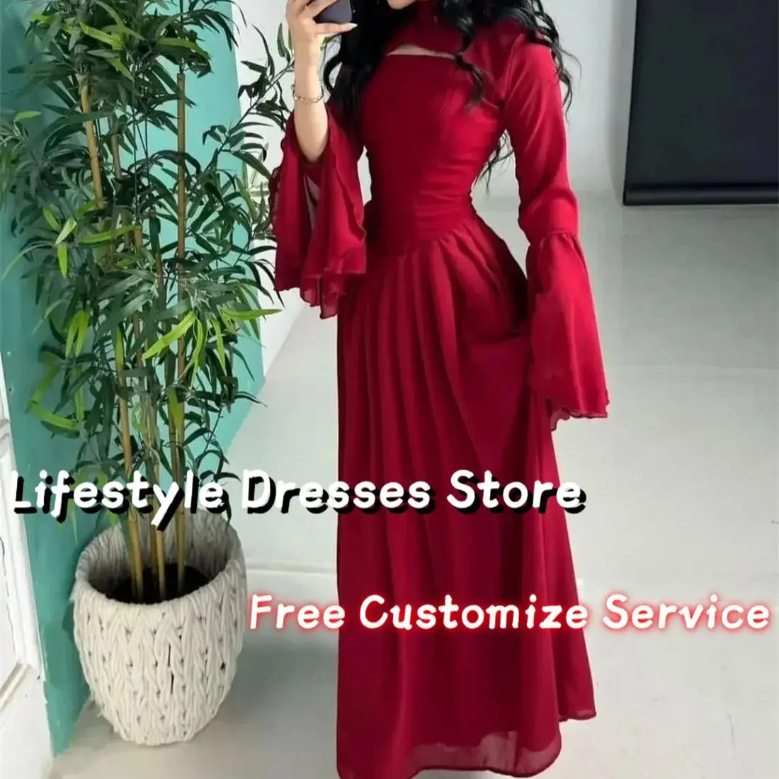 

Long Flare Sleeves 2 Piece A-line Cape Prom Dresses Evening Dresses Formal Arabia Modern Girl Party Dresses