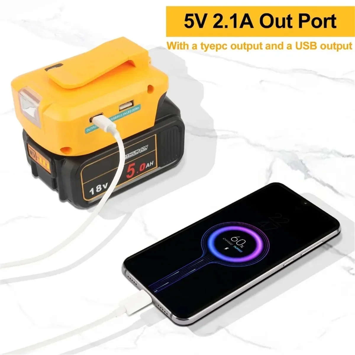 COTS-t2 USB Battery Adapter for Dewalt LED Work Light 18V 20V 60V Li-Ion Battery Power Tools DC 12V/2A Output