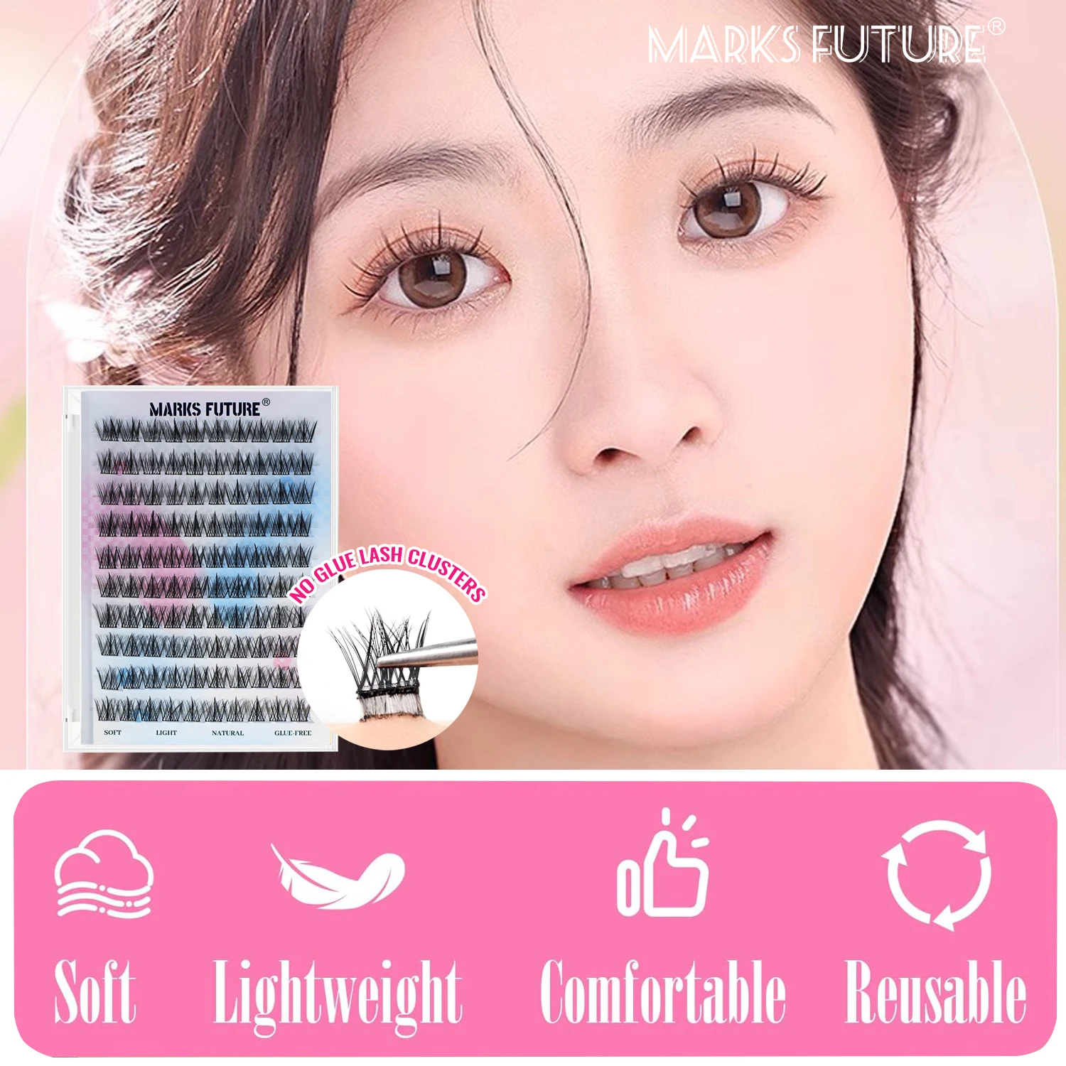 Reusable Adhesive Eyelashes 100 Pieces Natural Look Self-Adhesive False Eyelashes Manga Wispy Suitable for Women Girls Eye Makeup Beginners Easy to Apply Save Time