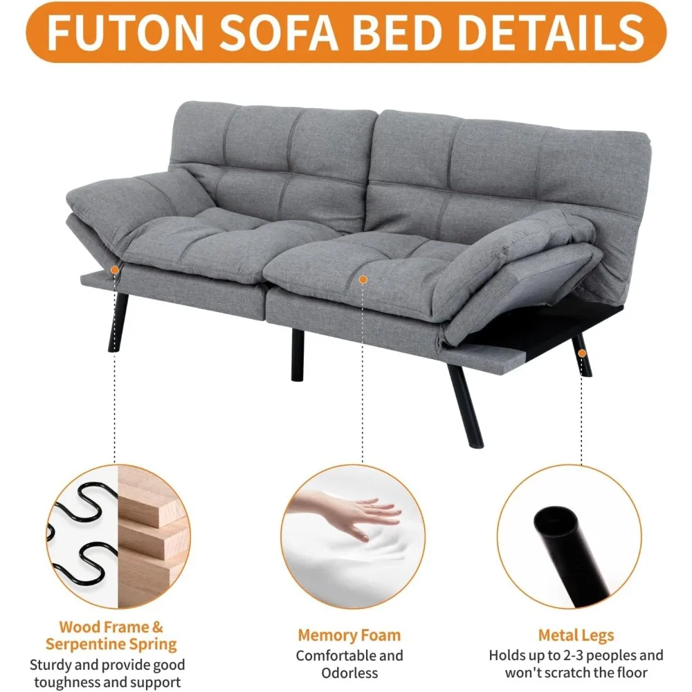 71-Inch Convertible Futon Sofa Bed with Adjustable Backrest & Removable Armrests, Foldable Sleeper Loveseat for Small Space Liv