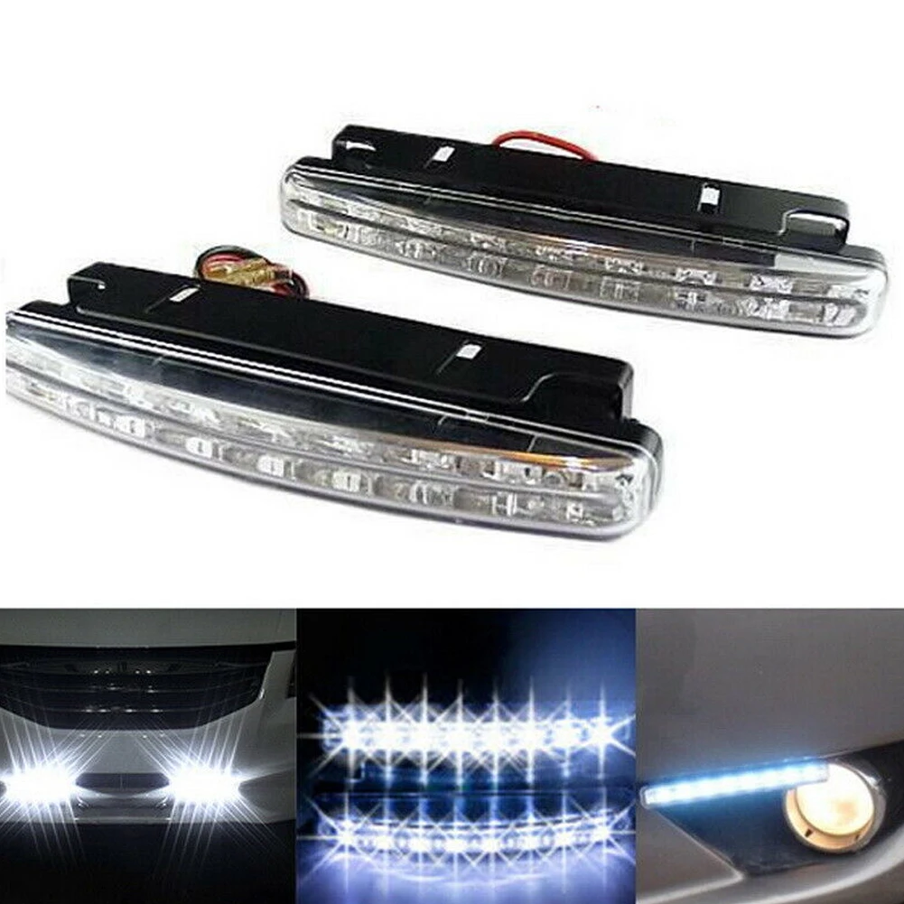 12V Car LED Lights Replacement PC+Metal Super Bright 6000-6500K White DC 12V 155x17.8x35.6mm 8-LED Daytime Lamp Parts