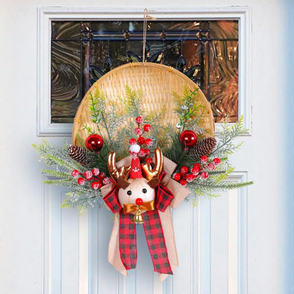 

Outdoor Wreath with Green Leaves Snowman Wreath with Pine Cone Festive Holiday Garland Santa Snowman Elk Wreath with Pine Cone