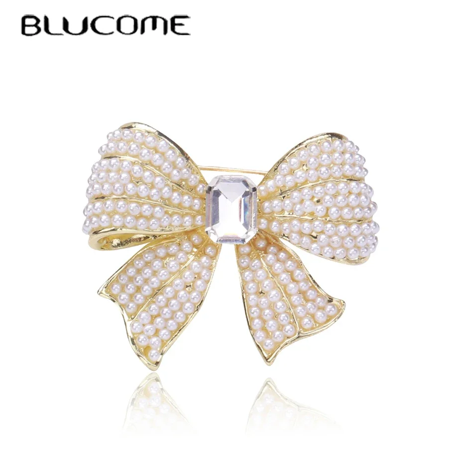 Blucome Fashion Bow Tie Shape Brooch Gifts Women Collar Sweater Hijab Pin Blouse Sports Fitness With Beads Brooches Badge