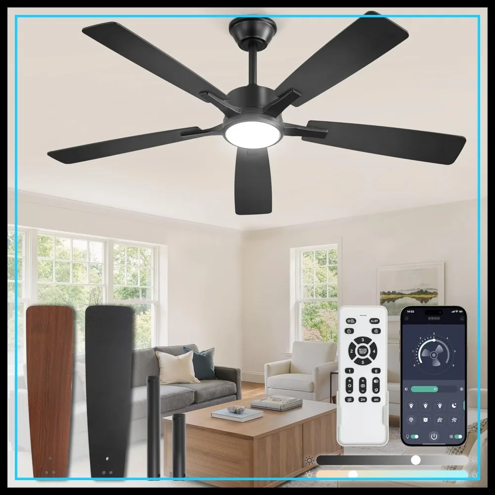 

52 Inch Ceiling Fan with Light and Remote, 20W LED Dimmable, 6 Speeds Reversible DC Motor for Bedroom Living Room Black