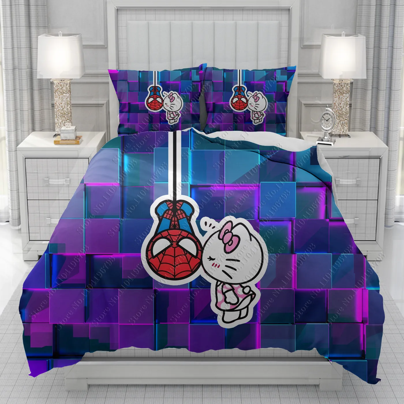 Spiderman VS Hello Kikty funda nórdica hombres mujeres/niños niño estampado de dibujos animados juego de cama edredón cama suave